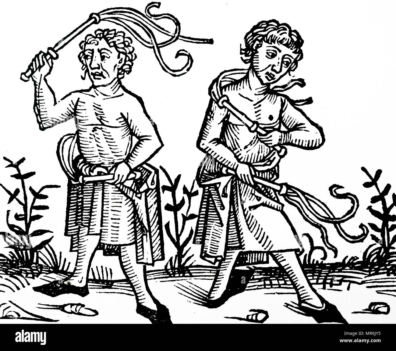 Woodblock engraving depicting members of the sect of Flagellants scourging themselves. At the time of the Black Death in Europe, members of the sect went through the streets whipping themselves in an attempt to make retribution to God for their sins of the people and so save the population from God's anger manifested in the form of plague. Dated 15th century Stock Photo