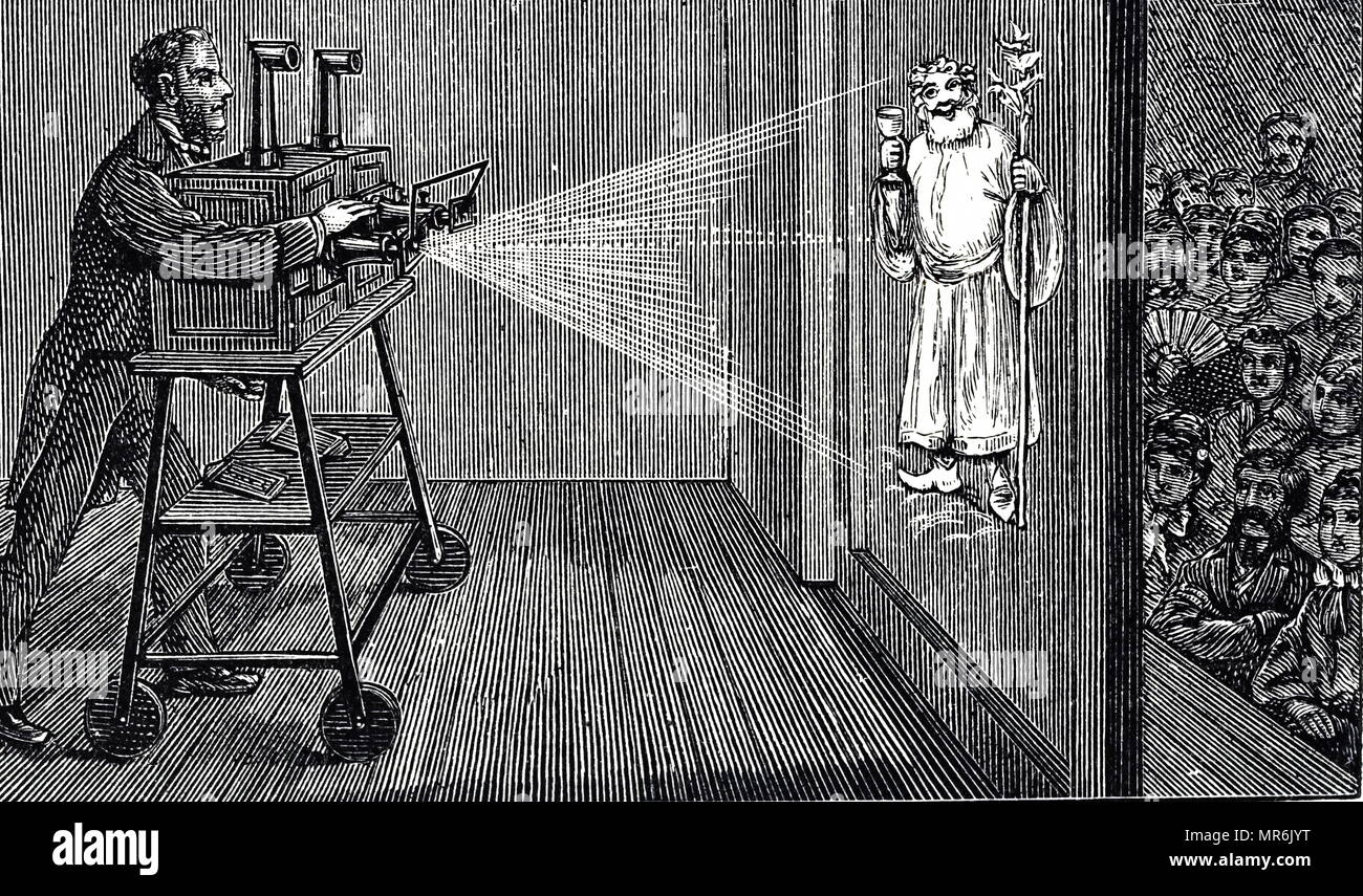 Engraving depicting an audience enjoying a magic lantern show. The apparatus here differs little from that of Kircher in the 17th century, consisting of a metal box with lamp placed in focus of a concave mirror. Reflected light falls on a condensing lens which concentrates it on a glass slide. Here two lanterns are being used to give dissolving views, and the apparatus is mounted on a wheeled trolley so that the operator behind the screen can alter the size of the image seen by the audience. Dated 19th century Stock Photo