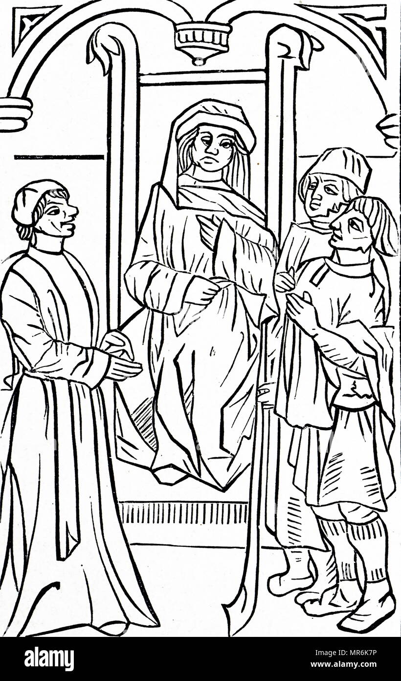 Illustration depicting the trial scene from La Farce de maître Pathelin (The Farce of Master Pathelin). Pathelin is pleading for the shepherd before the judge. The Shepherd's (right) crook is in front of him in the centre of the picture. Dated 15th century Stock Photo