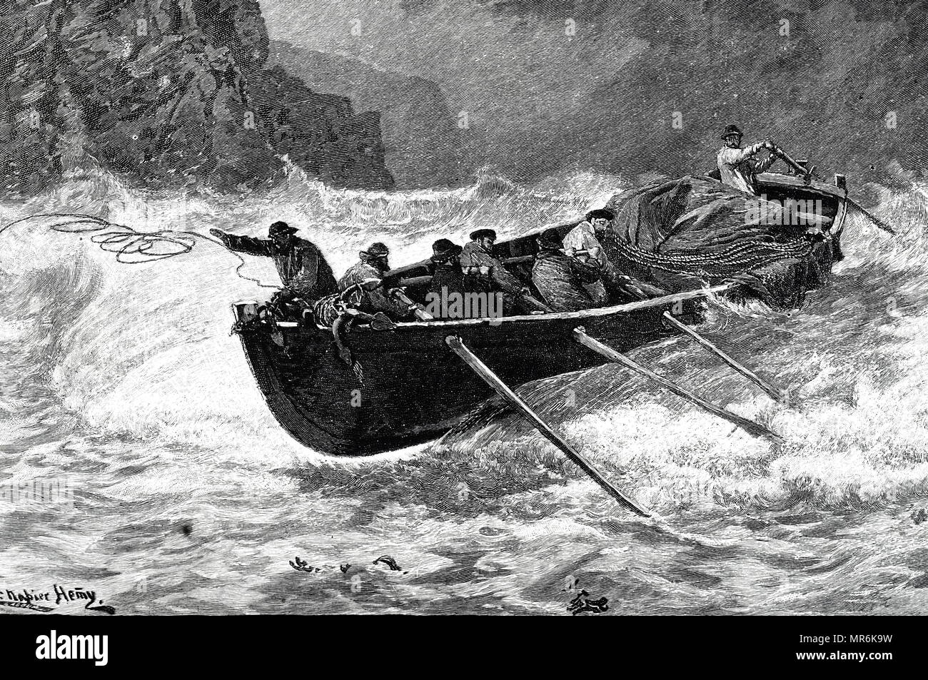 Engraving depicting a Cornish fishing boat in heavy seas this boat was