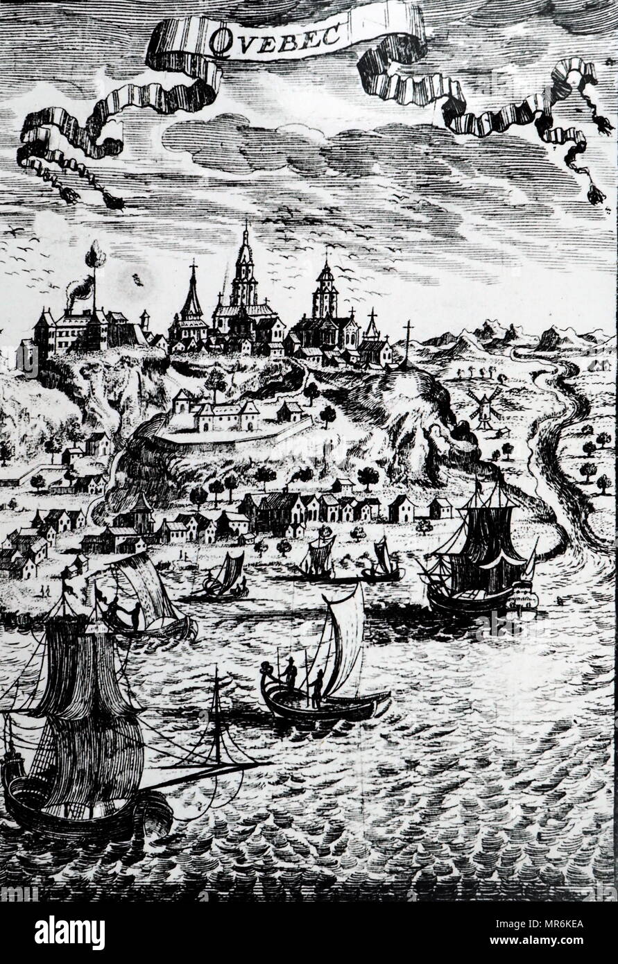 Woodcut engraving depicting Quebec during the 17th century. Dated 17th century Stock Photo