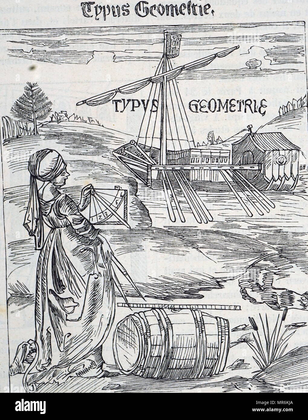 Woodblock engraving depicting the muse of Geometry. Dated 15th century Stock Photo