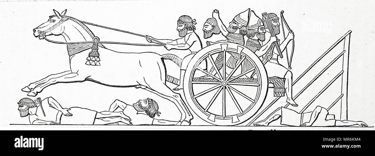 Engraving depicting an Assyrian bas relief of warriors in a cart captured from the enemy. Dated 19th century Stock Photo