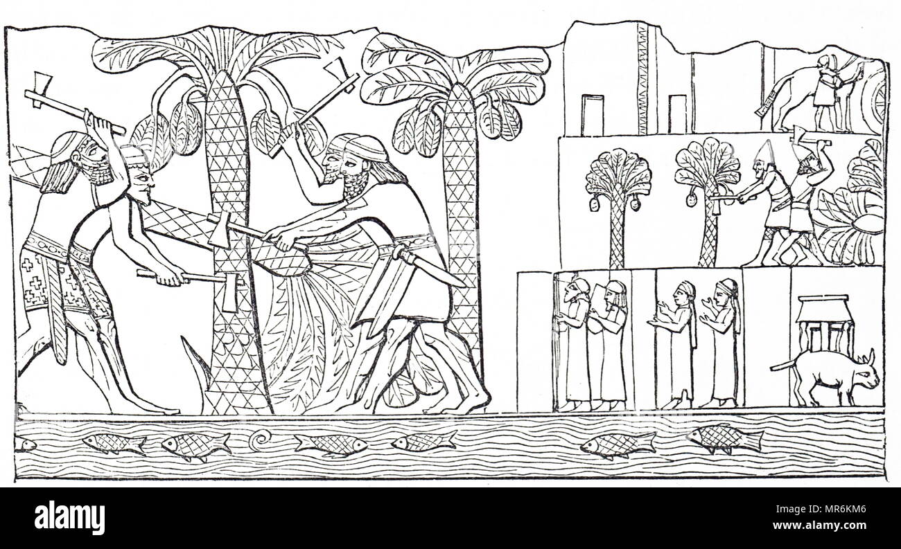 Engraving depicting an Assyrian bas relief of Assyrians cutting down the date palms in a conquered city. Dated 19th century Stock Photo