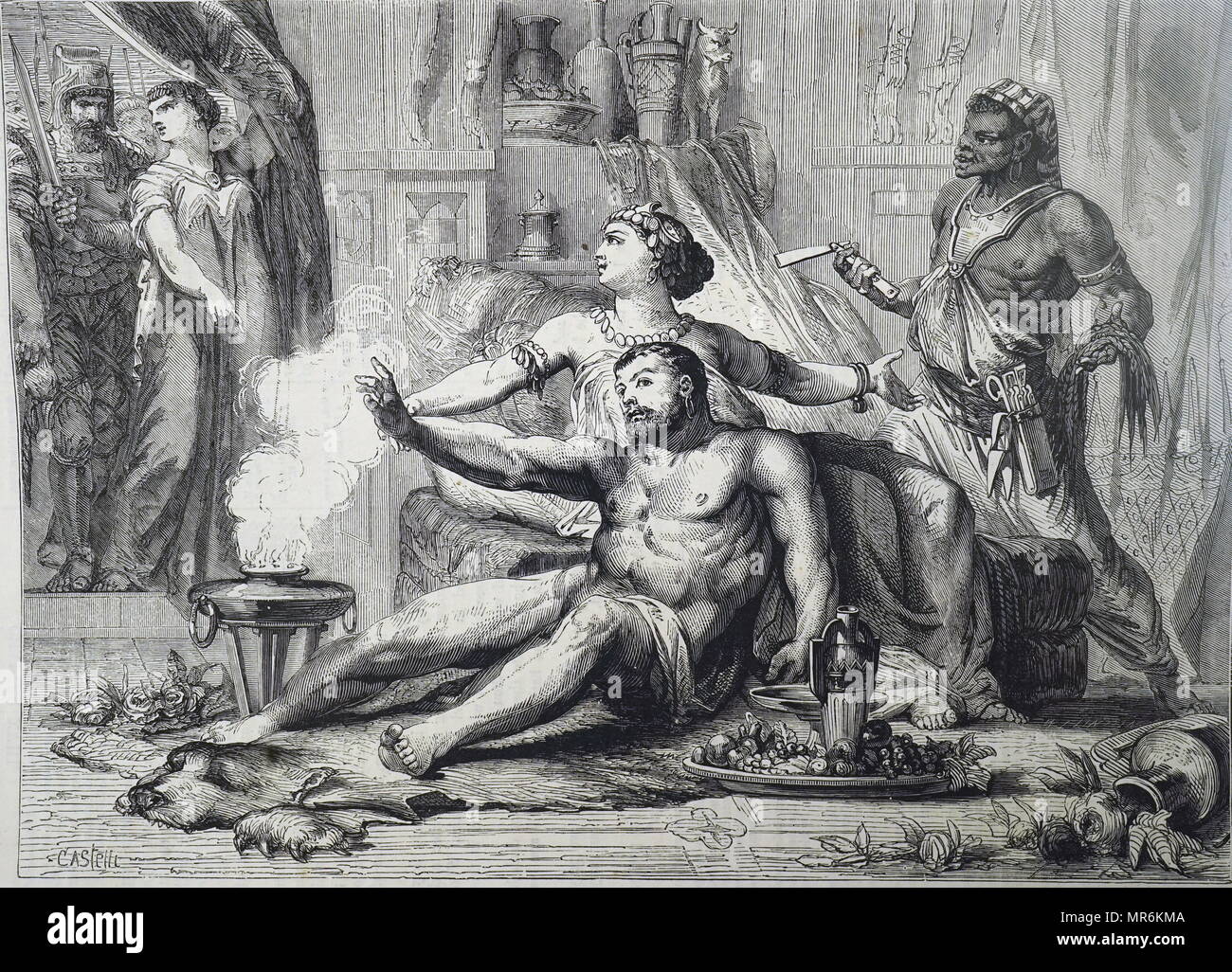 Engraving depicting Samson being betrayed to the Philistines by Delilah. His enormous strength left him with the loss of his hair. Dated 19th century Stock Photo