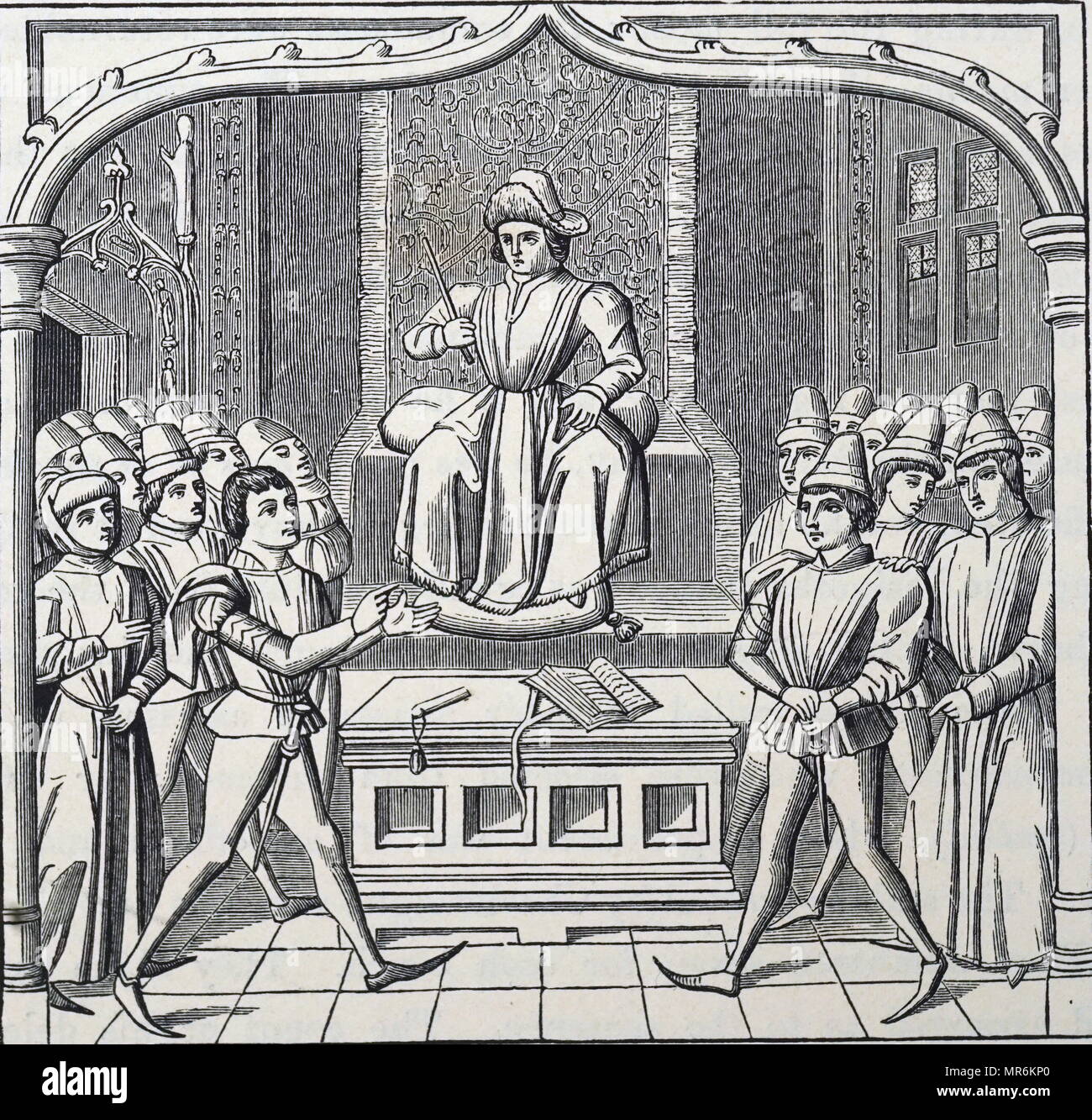 Woodblock engraving depicting a judicial duel - plaintiff opening his case before a judge. If the dispute could not be settled by arrangement a duel would be fought. If someone could not fight for themselves, they could purchase the services of a champion. Dated 15th century Stock Photo