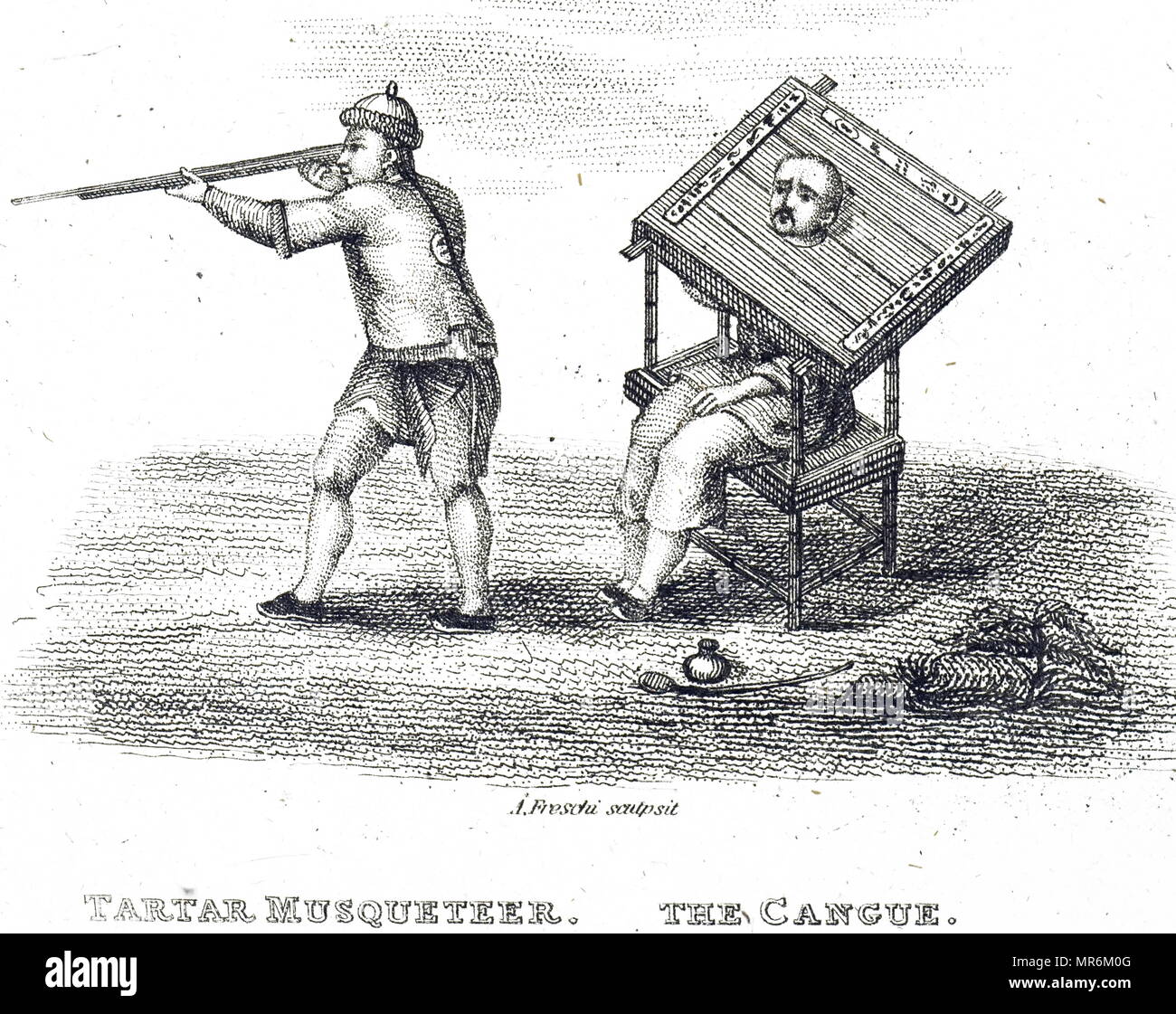 Engraving depicting a man being punished by a cangue, a device that was used for public humiliation and corporal punishment. Dated 19th century Stock Photo