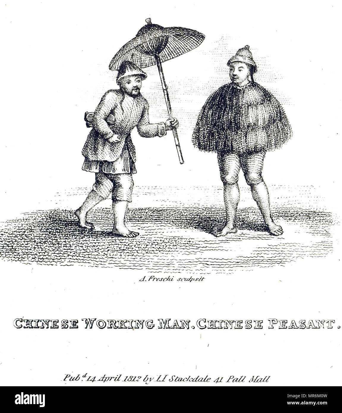 Engraving depicting Chinese natural clothing: the working man holds a bamboo handled umbrella, whilst the peasant wears a rice straw cloak and hat. Dated 19th century Stock Photo
