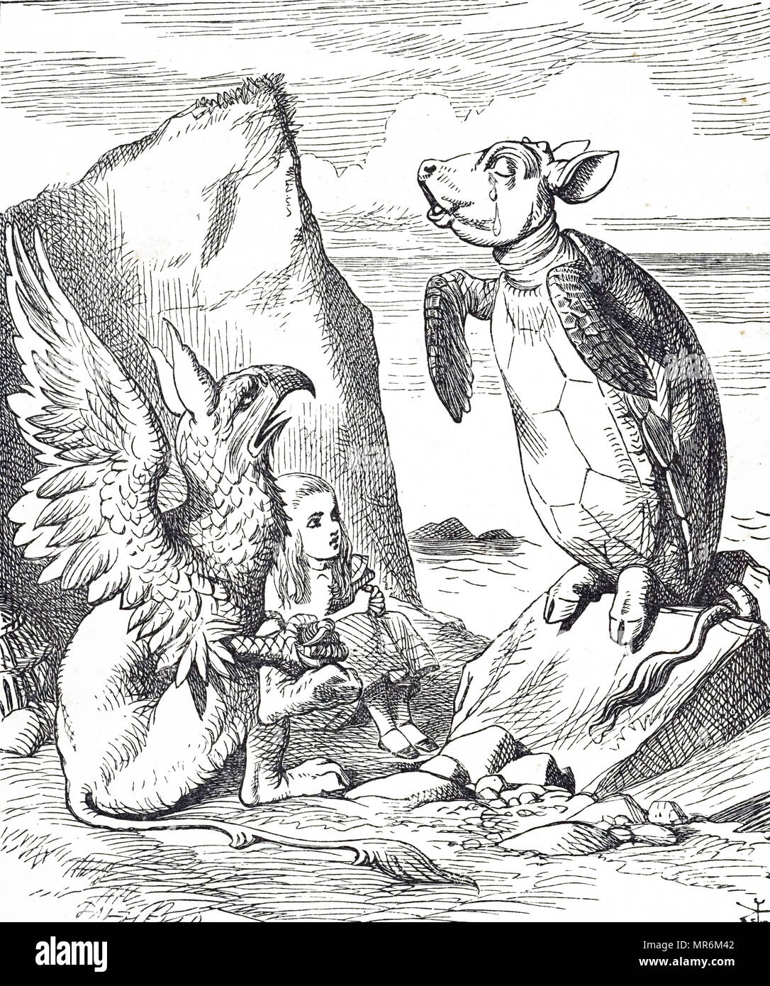 Illustration depicting Alice, Mock Turtle and the Gryphon from Alice's Adventures in Wonderland. Illustrated by John Tenniel (1820-1914) an English illustrator, graphic humourist, and political cartoonist. Dated 19th century Stock Photo