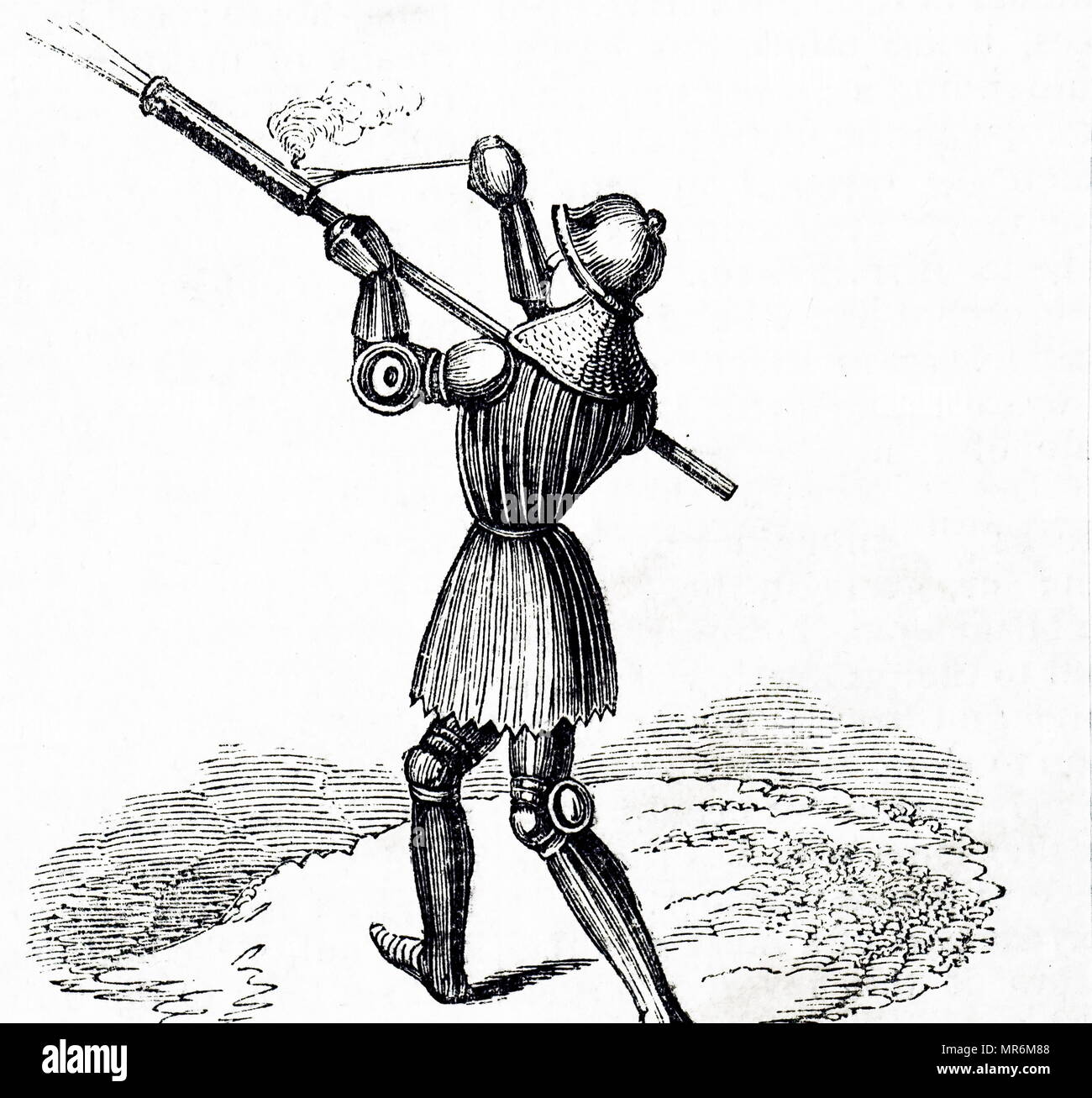 Woodcut engraving depicting a bâton à feu a type of hand cannon ...