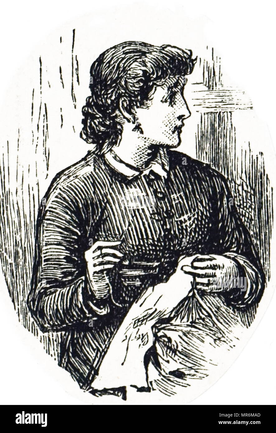 Engraving depicting a young woman sewing: needlework was considered a suitable employment for gentlewomen. Dated 19th century Stock Photo