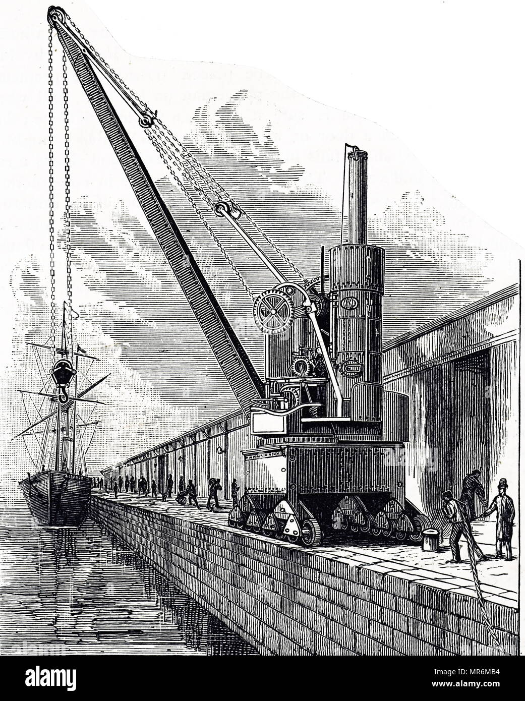 Engraving depicting a George-Russell & Co.'s steam crane, used by the Anchor line for loading and unloading vessels. Dated 19th century Stock Photo