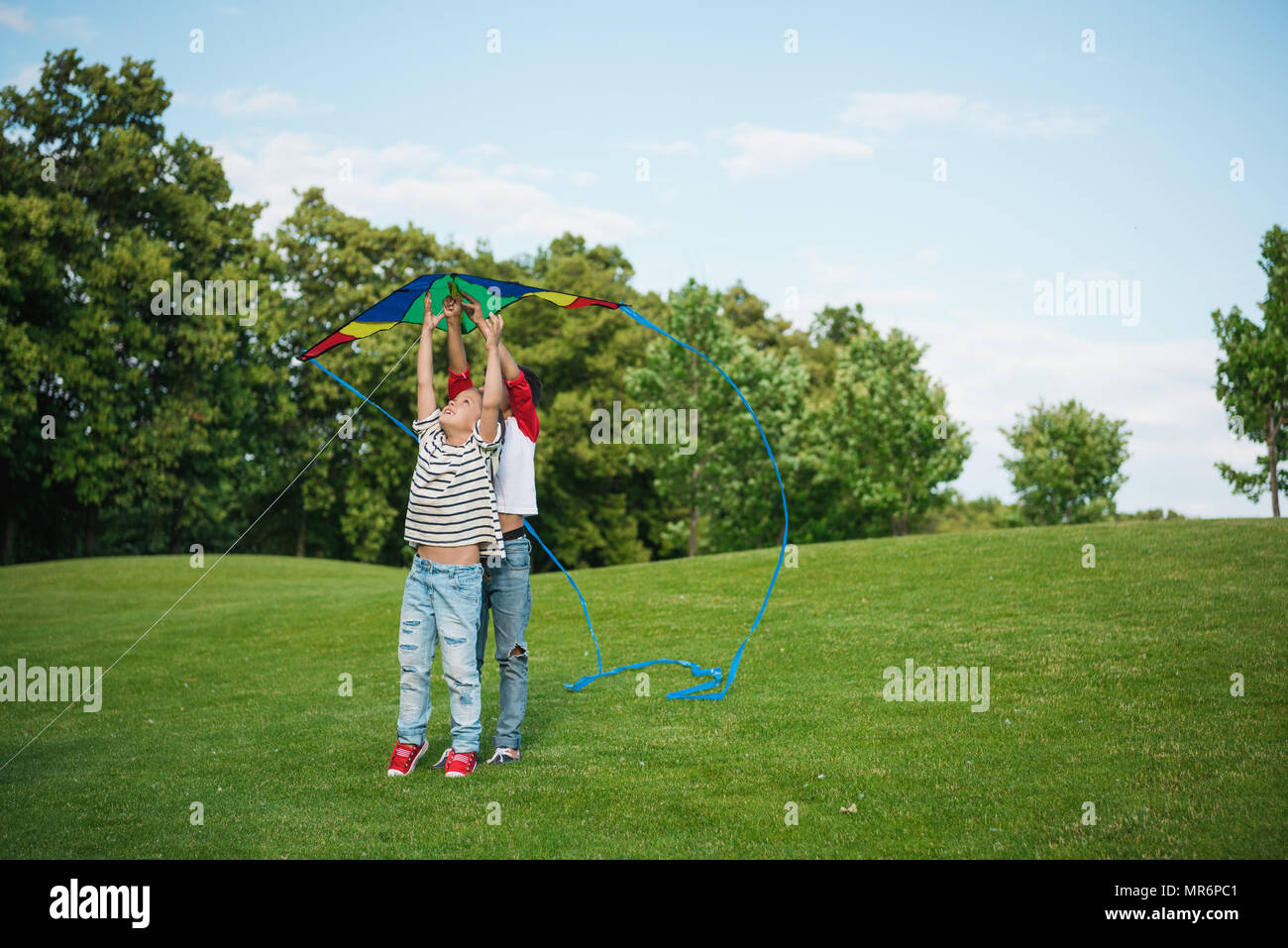 Adorable happy children playing with kite on green grass in park Stock Photo