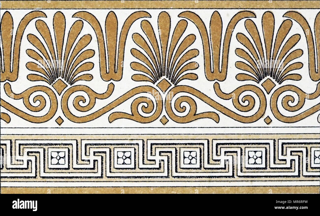 Anthemion ornament with Greek Fret (meander) from a pottery fragment dated from the 4th century BC. Dated 19th century Stock Photo