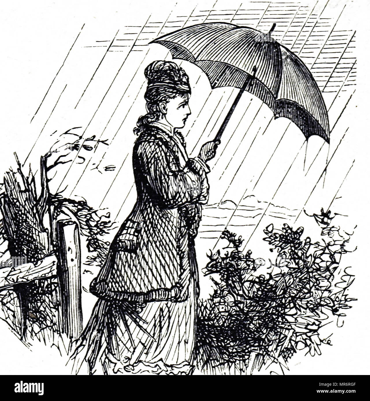 Engraving depicting a young women huddling under an umbrella during a rain storm. The raindrops are seen as lines rather than sports due to persistence of vision. Dated 19th century Stock Photo