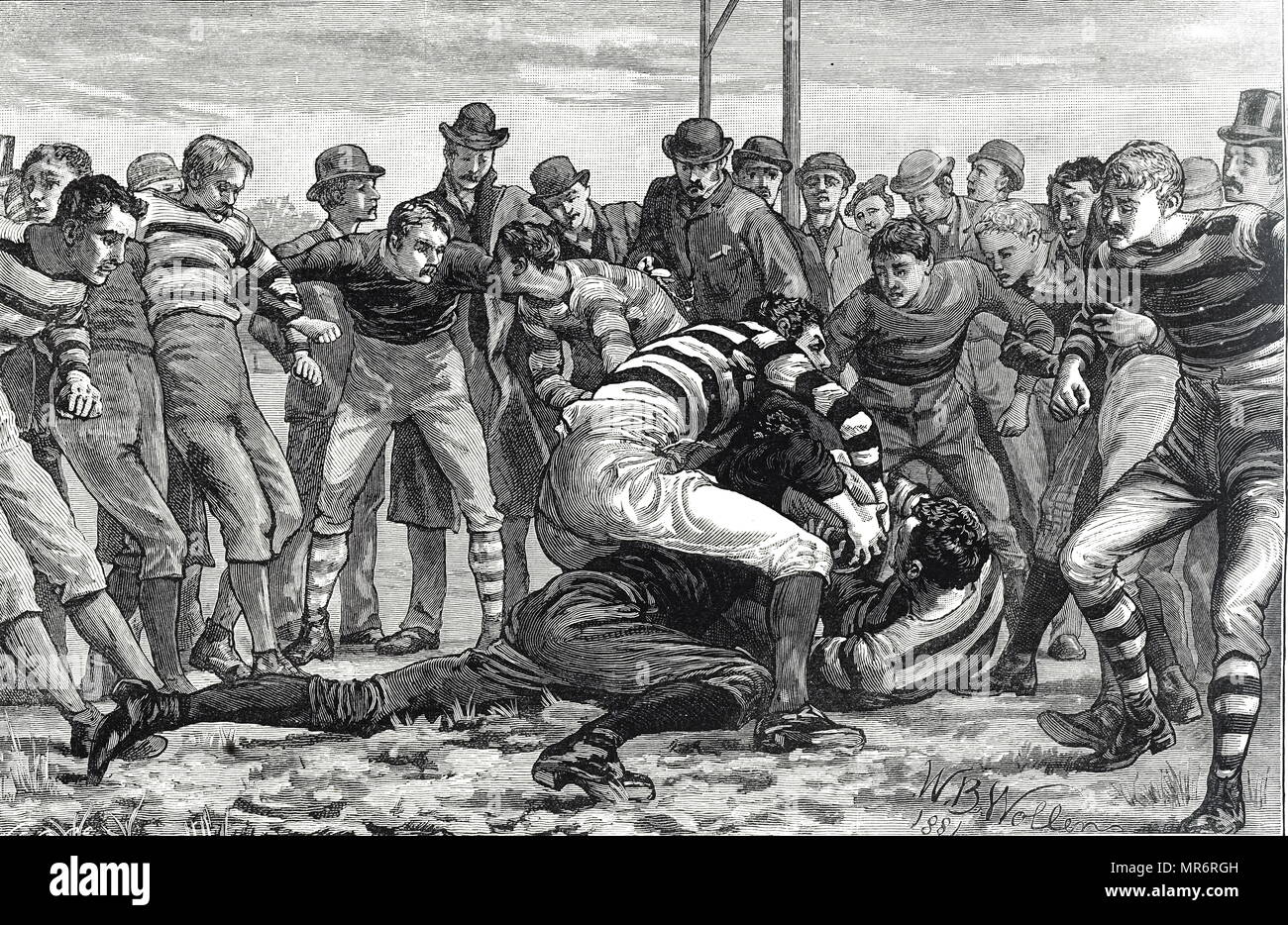 Engraving depicting men playing rugby. The Rugby Union rules mean that defenders try to prevent the opposition making a try. Dated 19th century Stock Photo