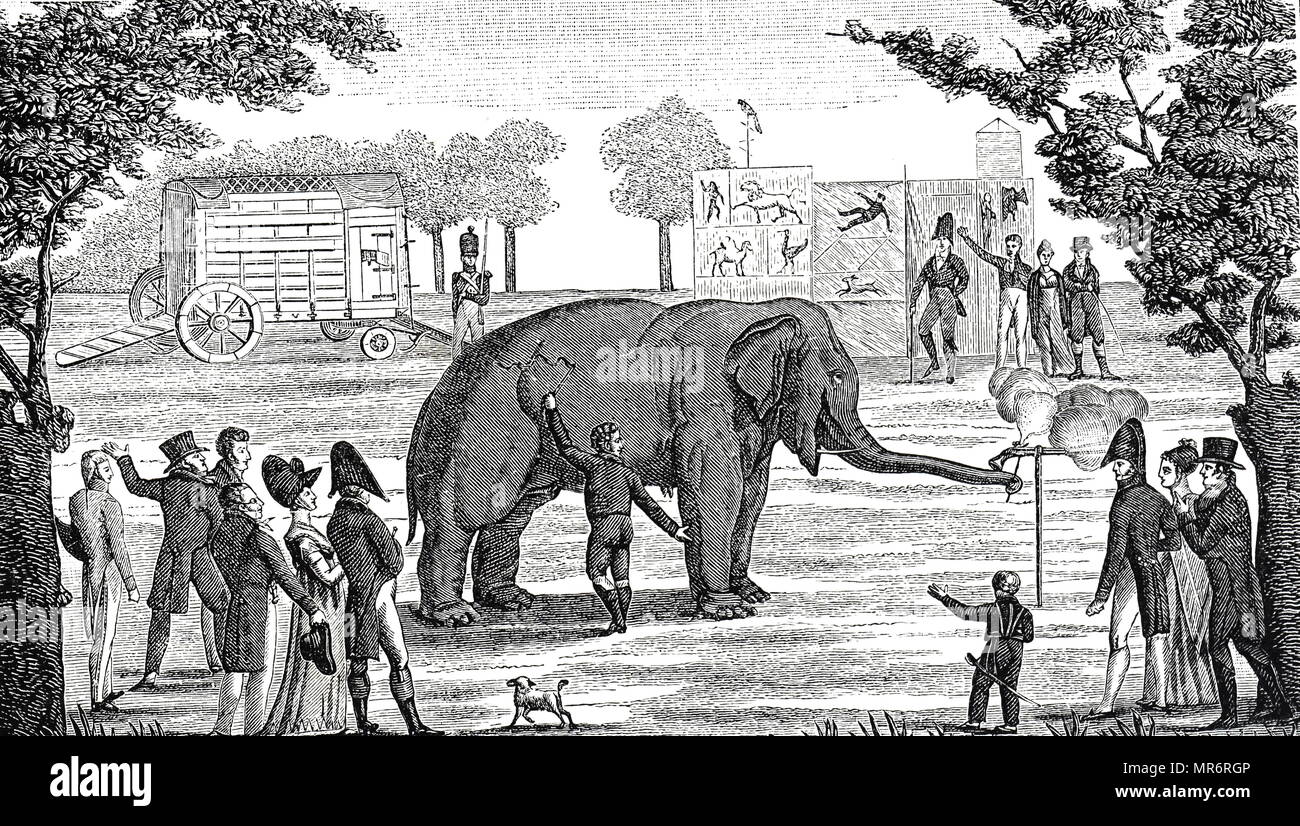 Engraving depicting the elephant Baba in the Tivoli gardens firing a pistol. Dated 19th century Stock Photo