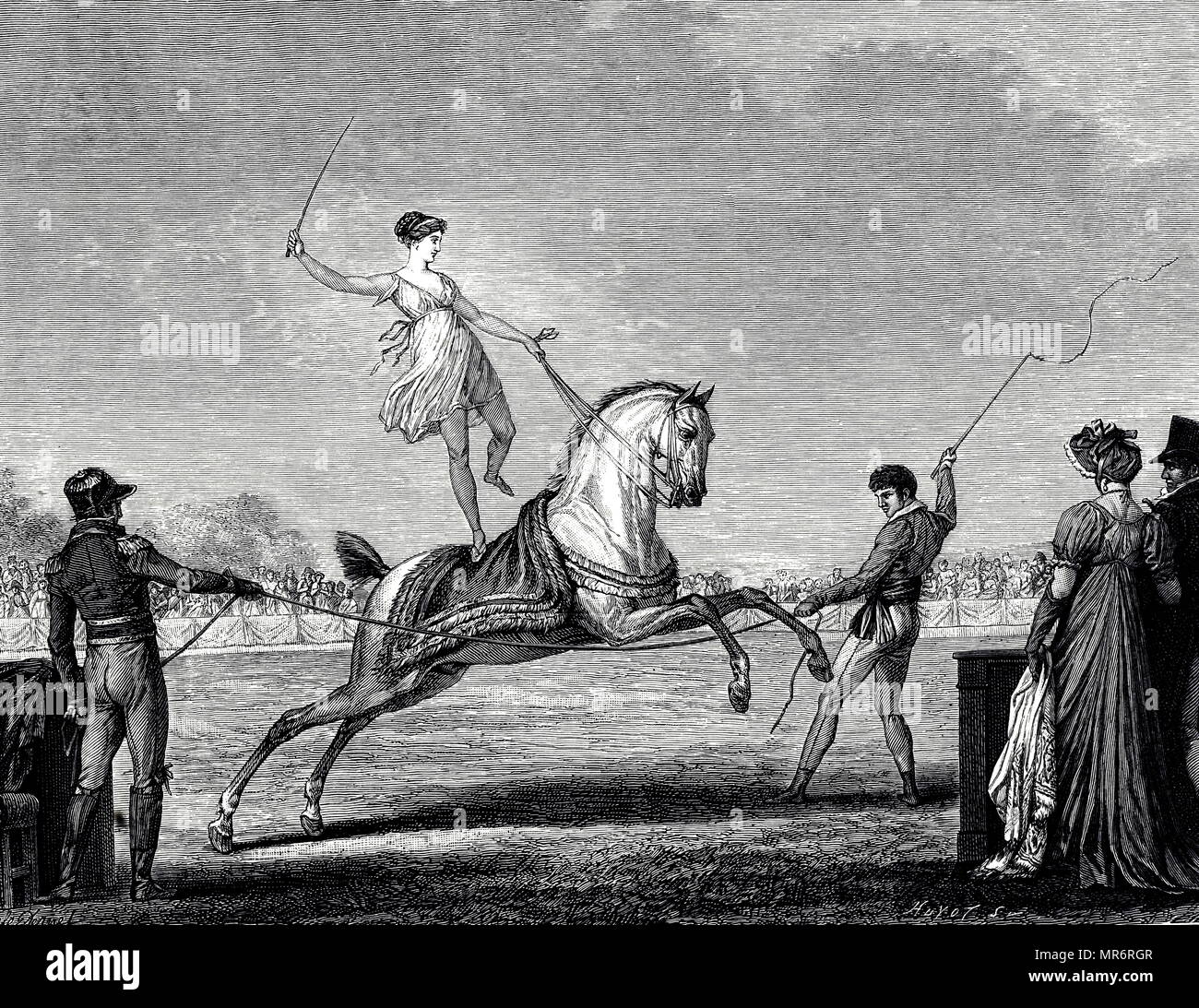 Engraving depicting a female bareback rider performing at Franconi's in the Capucine Gardens. Dated 19th century Stock Photo