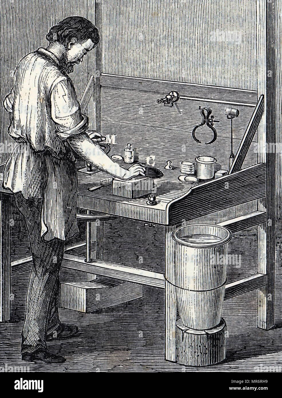 Engraving depicting a man grinding spectacle lenses. Dated 19th century Stock Photo