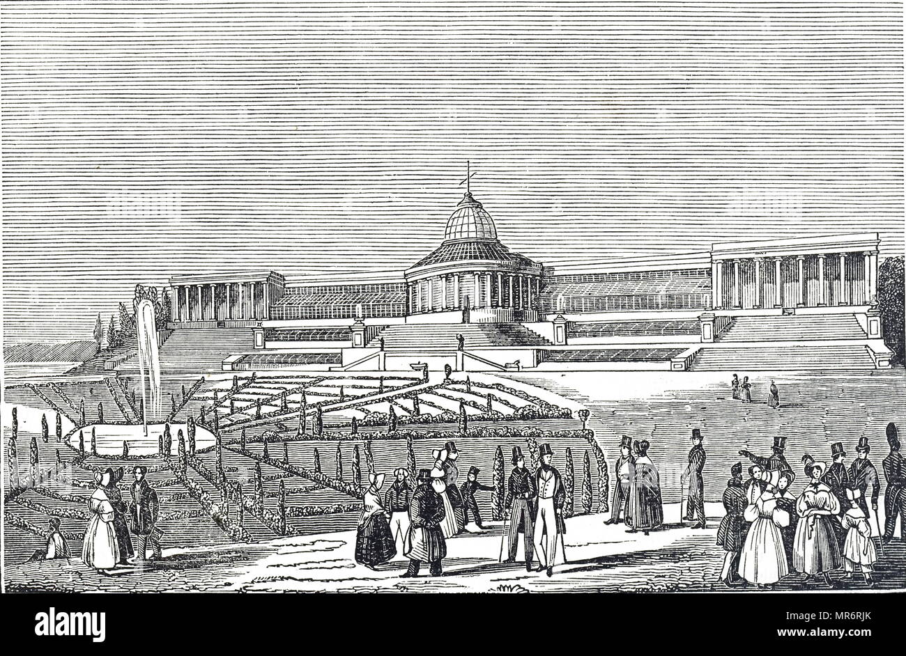 Engraving depicting Botanic Gardens in Brussels. Dated 19th century Stock Photo
