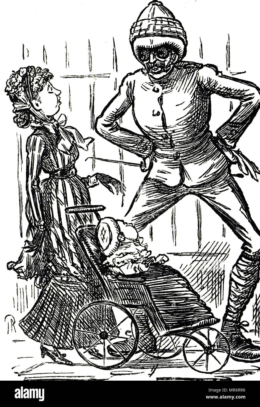 Cartoon commenting on grotesque effect pitch helmet hi-res stock ...