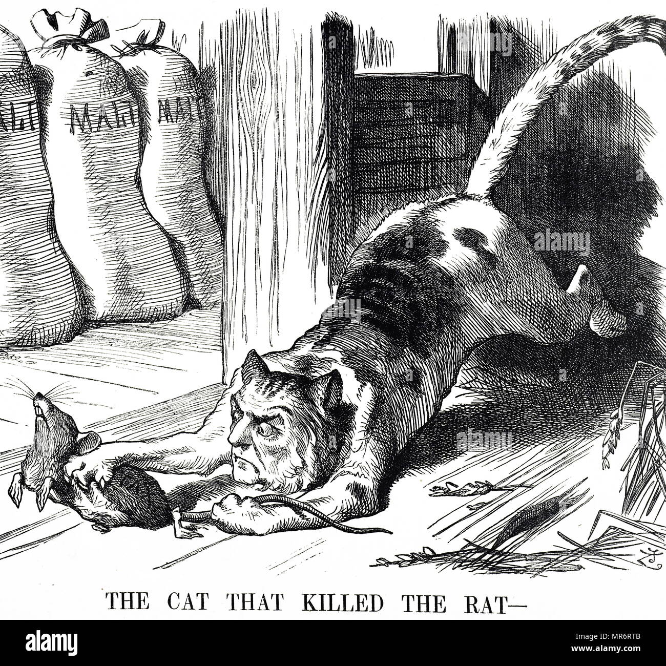 Cartoon commenting on the abolishing of Malt Tax in 1880. William Ewart Gladstone is depicted as a cat who killed the rat (the tax). William Ewart Gladstone (1809-1898) a British statesman of