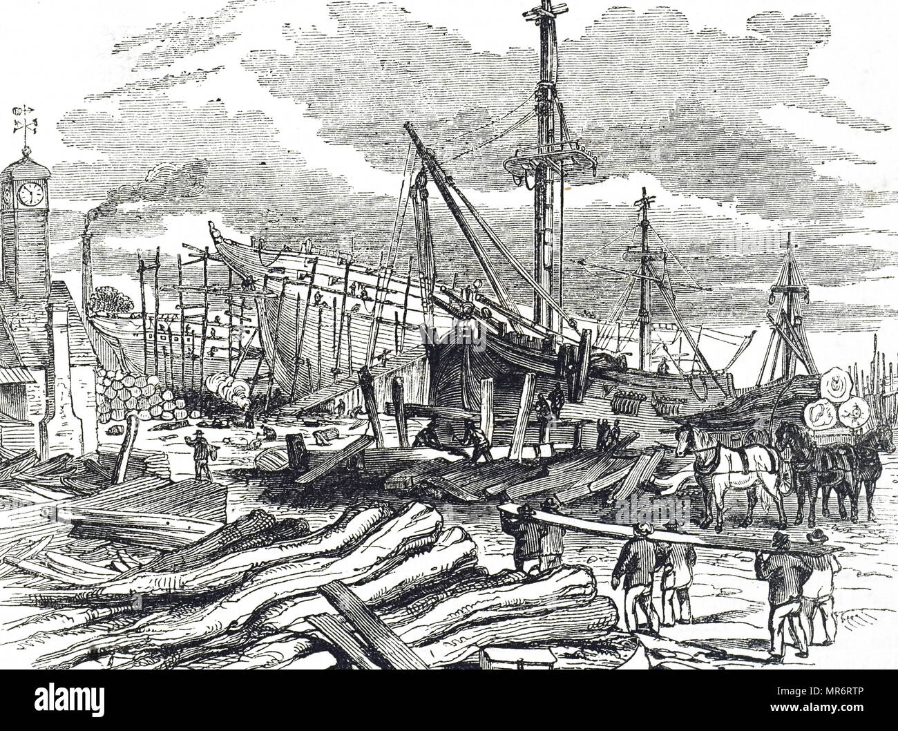 Engraving depicting a ship docked at Green, Wigram, and Green's Shipyard, Blackwall. Dated 19th century Stock Photo