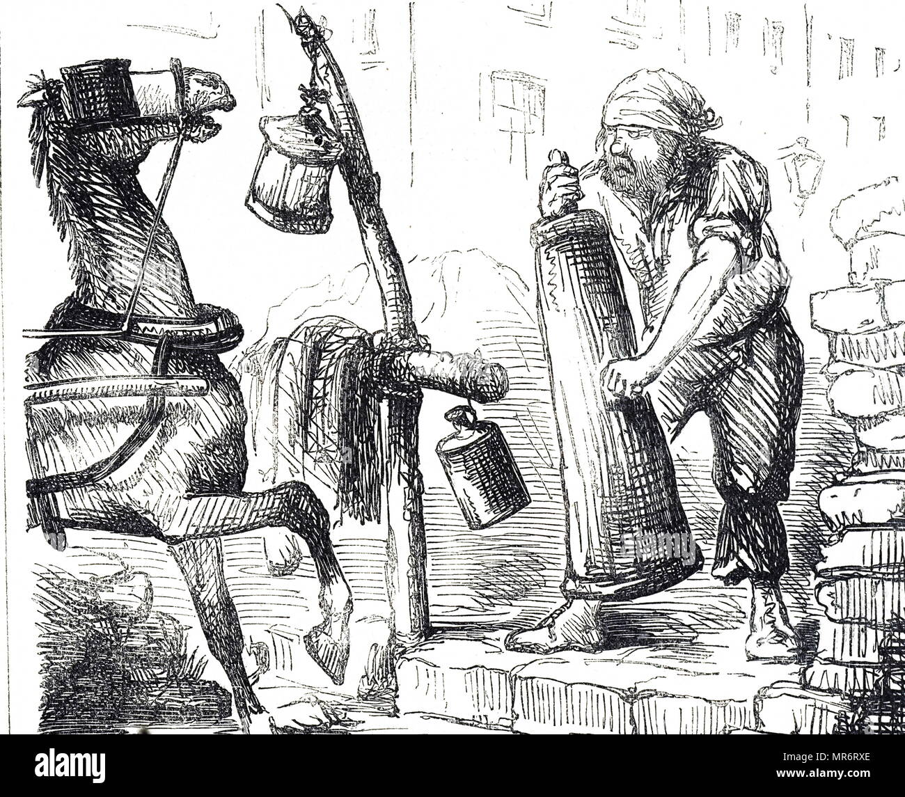 1861 cartoon illustration showing a road builder ramming paving and kerb blocks into place and frightening a horse with the sudden noise. Stock Photo