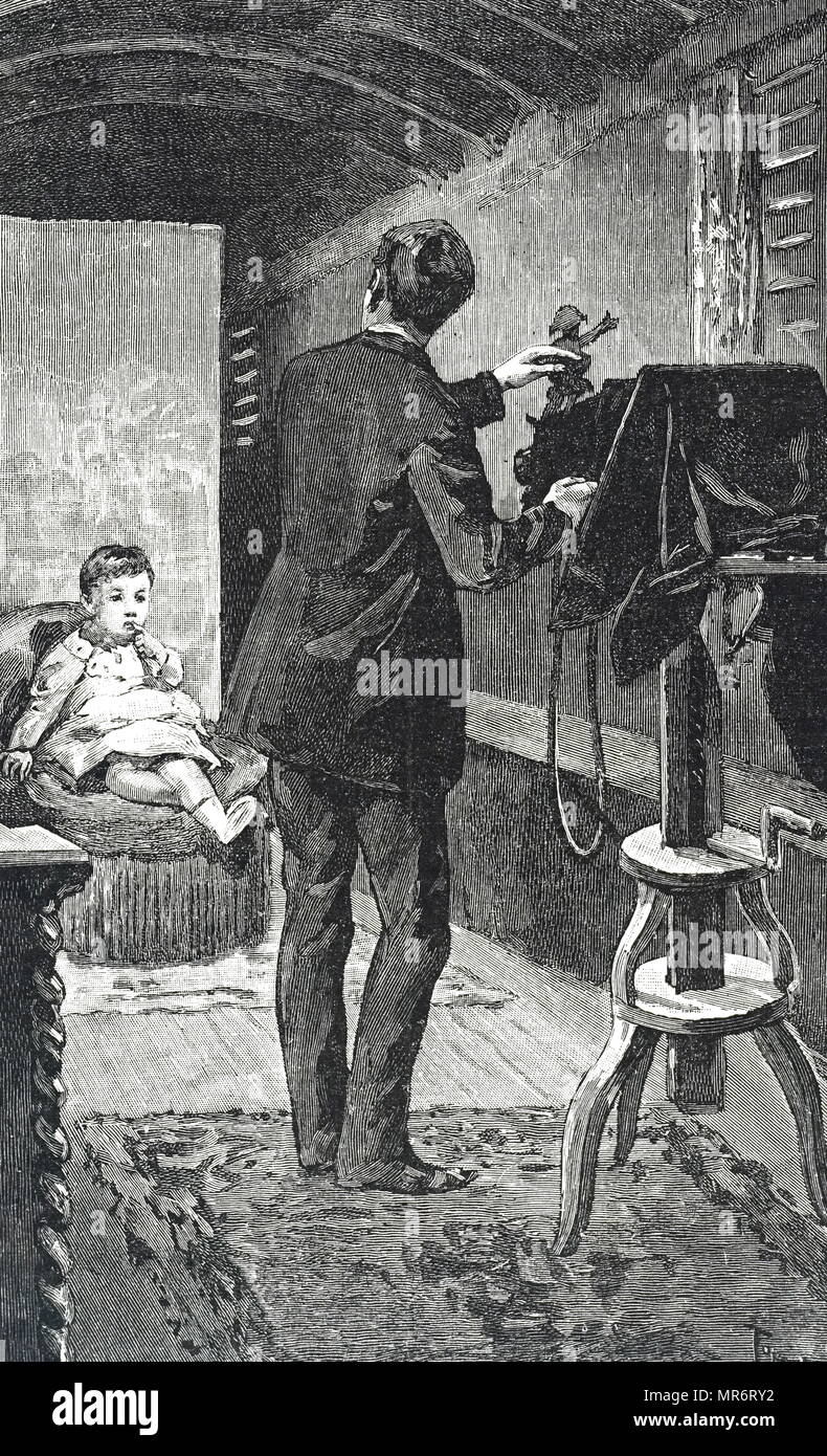Engraving depicting a photographer taking a child's portrait. Dated 19th century Stock Photo