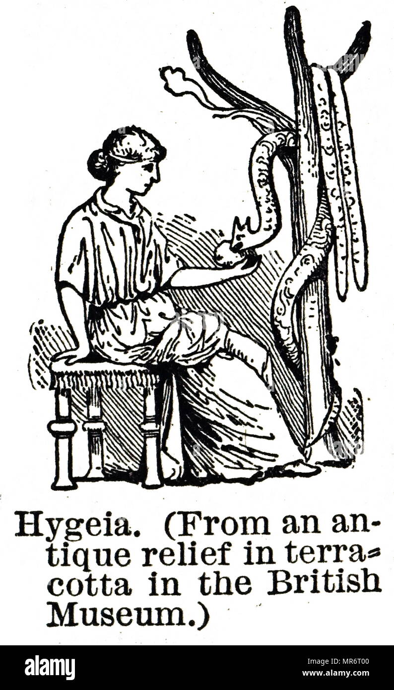 Engraving depicting the goddess Hygieia, the goddess/personification of health in both ancient Greek and Roman mythology. Dated 20th century Stock Photo