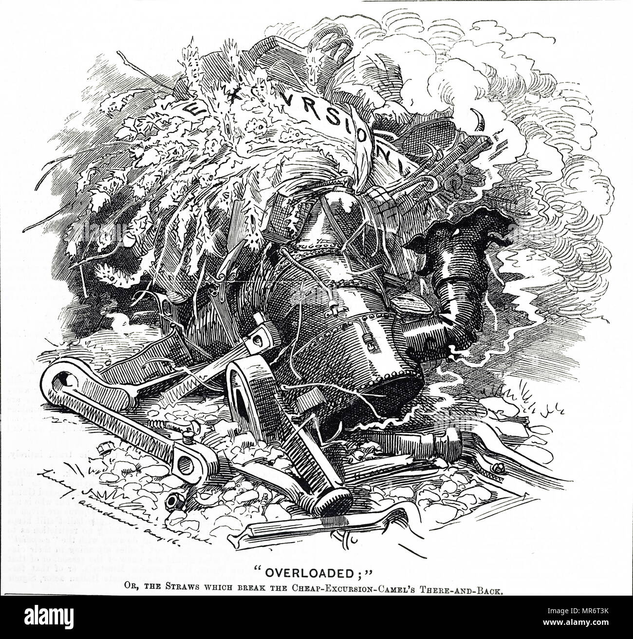 Cartoon titled 'Overloaded'; or the straw that broke the camel's back. The cartoon is commenting on the frequent railway accidents of the time. Illustrated by Edward Linley Sambourne (1844-1910) an English cartoonist and illustrator. Dated 19th century Stock Photo