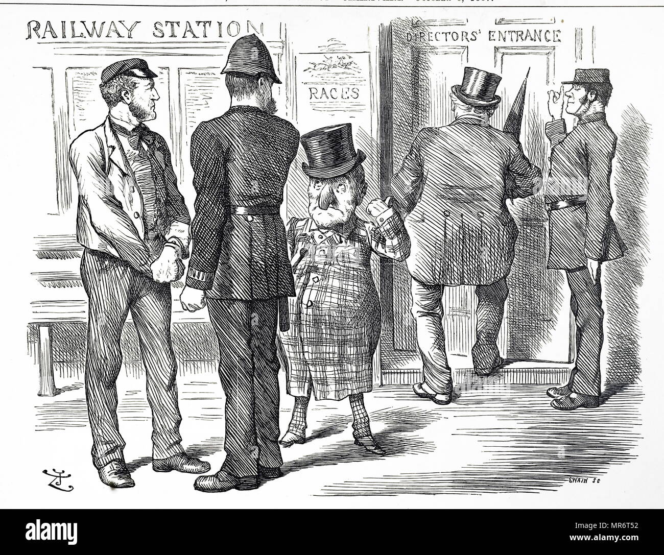 Cartoon commenting on the pleas for a block system signal to be made compulsory on British Railways. Illustrated by John Tenniel (1820-1914) an English illustrator, graphic humourist, and political cartoonist. Dated 19th century Stock Photo