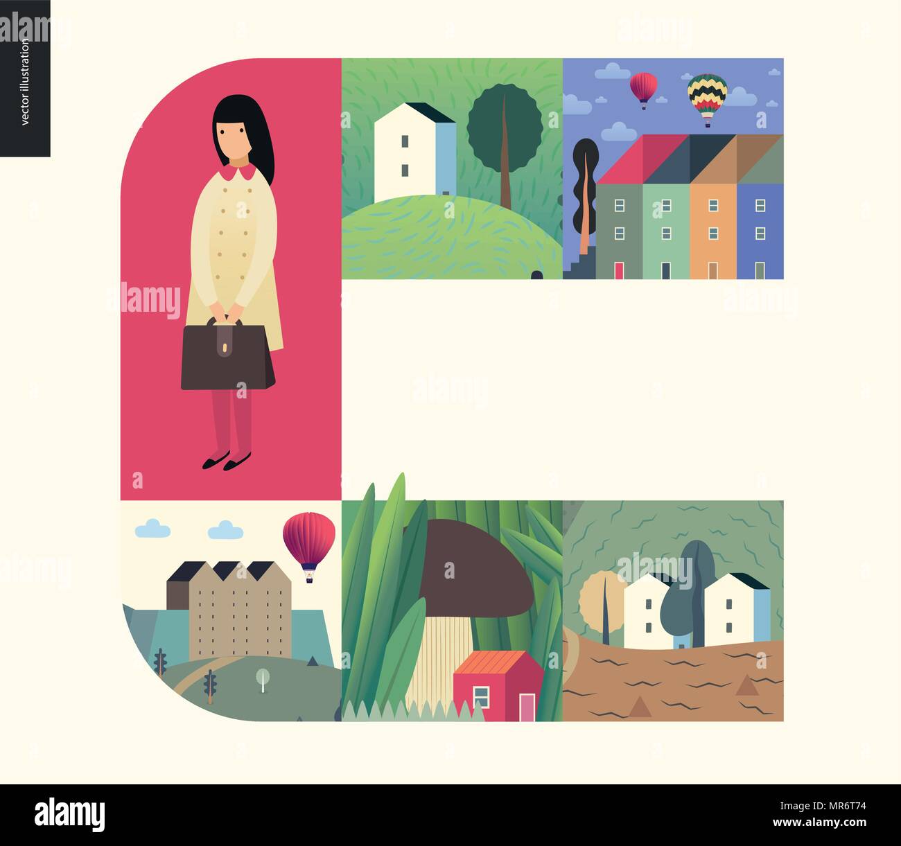 Simple things - houses - flat cartoon vector illustration of school girl with briefcase, uniform, houses, countryside, farm, town, city, mushroom tiny Stock Vector