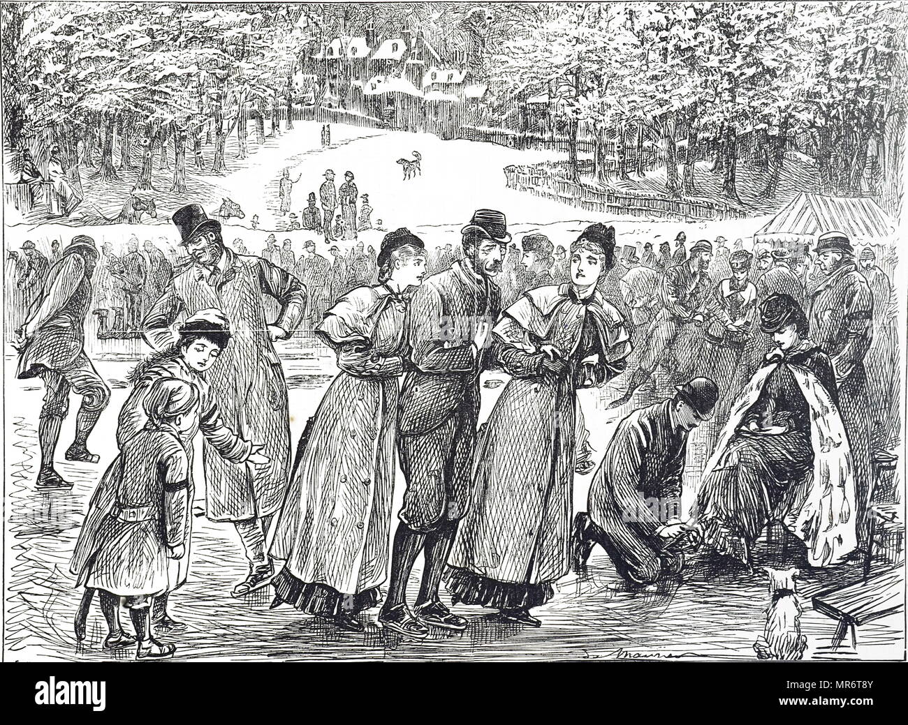 Cartoon depicting skaters skating on a frozen lake. Illustrated by George du Maurier (1834-1896) a Franco-British cartoonist and author. Dated 19th century Stock Photo