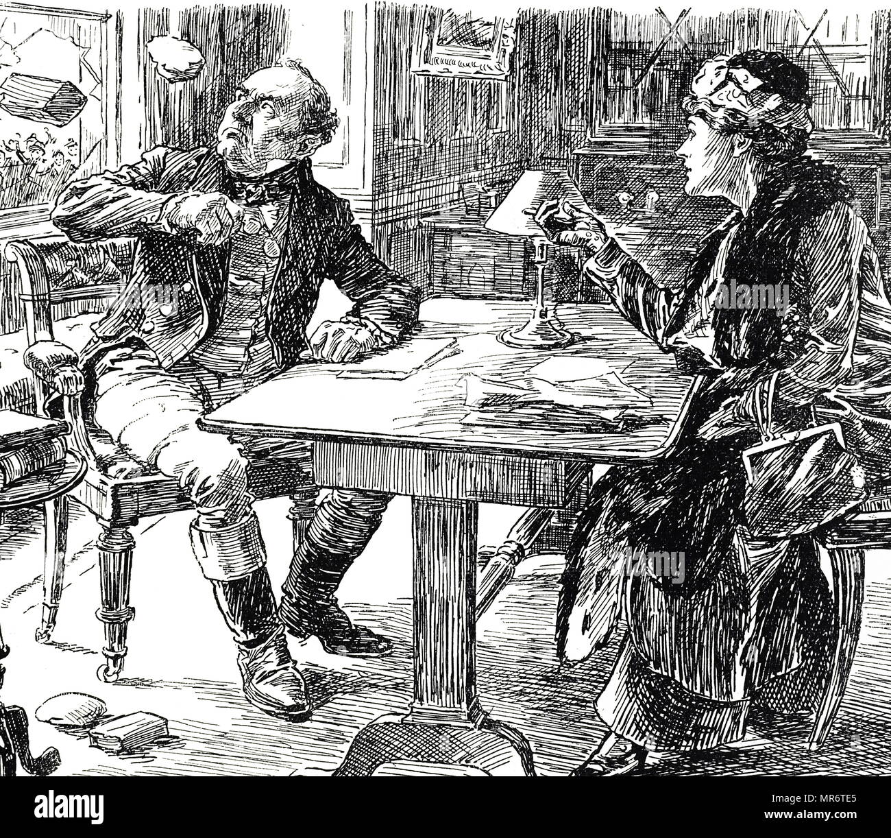 Cartoon depicting John Bull distracted from the arguments of a suffragist. Dated 20th century Stock Photo