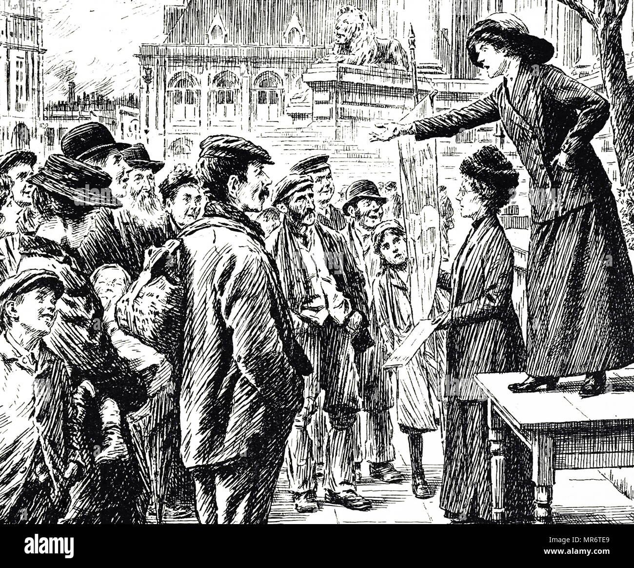 Cartoon commenting on the women's suffrage movement - a suffragette addressing a London crowd. Dated 20th century Stock Photo