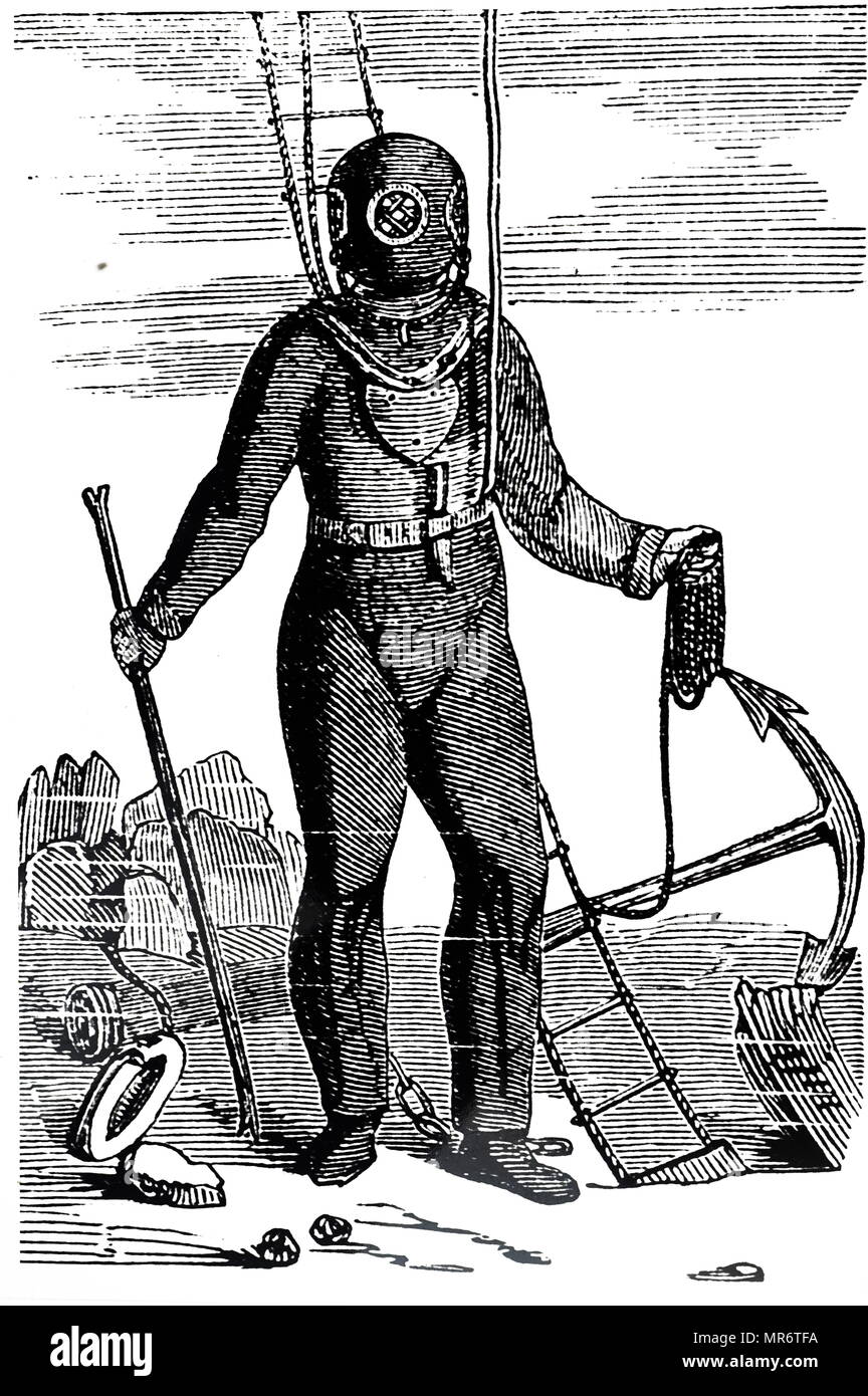 Engraving depicting Augustus Siebe's diving suit. Augustus Siebe (1788-1872) a German-born British engineer known for his contributions to diving equipment. Dated 19th century Stock Photo