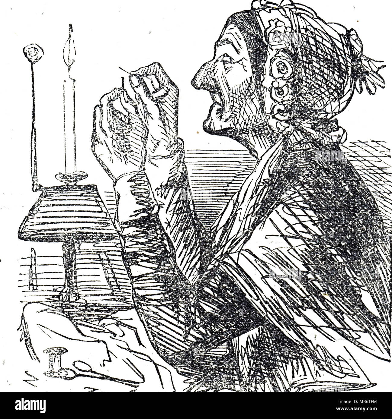 Cartoon depicting an old lady having difficulty threading a sewing needle. Dated 19th century Stock Photo