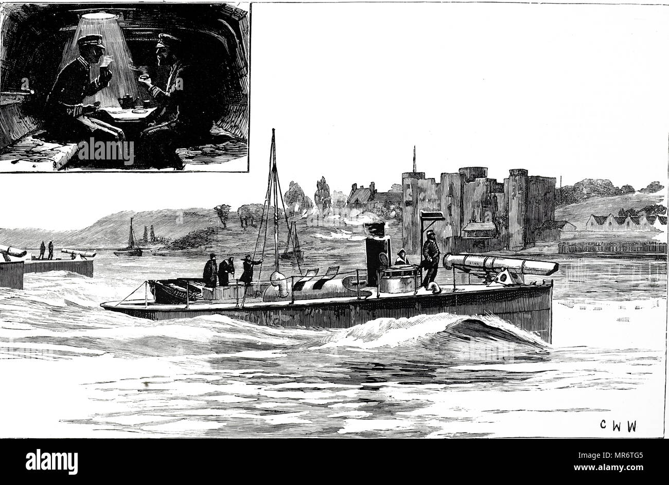 Engraving depicting the torpedo boats of the HMS Chatham. Dated 19th century Stock Photo