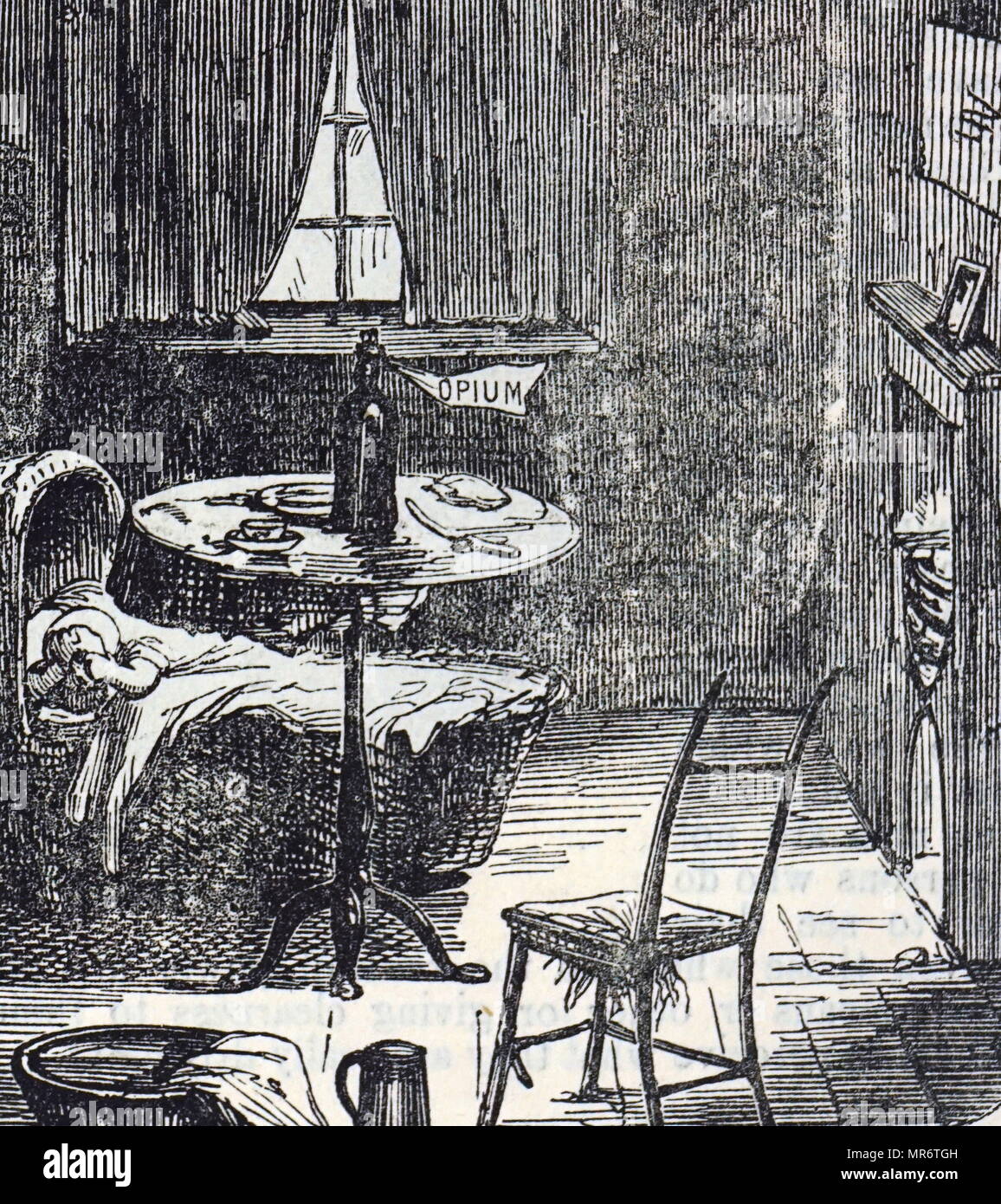 Cartoon commenting on the widespread use of opiates - a sick baby is left alone crying in her crib, whilst her parents are away using opiates. Dated 19th century Stock Photo