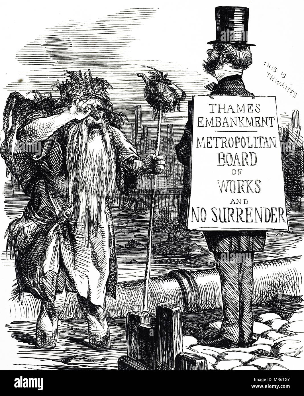 Cartoon depicting John Thwaites, Chairman of the Metropolitan Board of Works, face to face with Father Thames. In 1861 the Board received nearly a million pounds and spent £900,000 on the Thames Embankment and the Metropolitan Main Drainage Scheme amid at clearing up the Thames and providing London with proper sewage disposal. John Thwaites (1815-1870) a British politician and first Chairman of the Metropolitan Board of Works. Dated 19th century Stock Photo