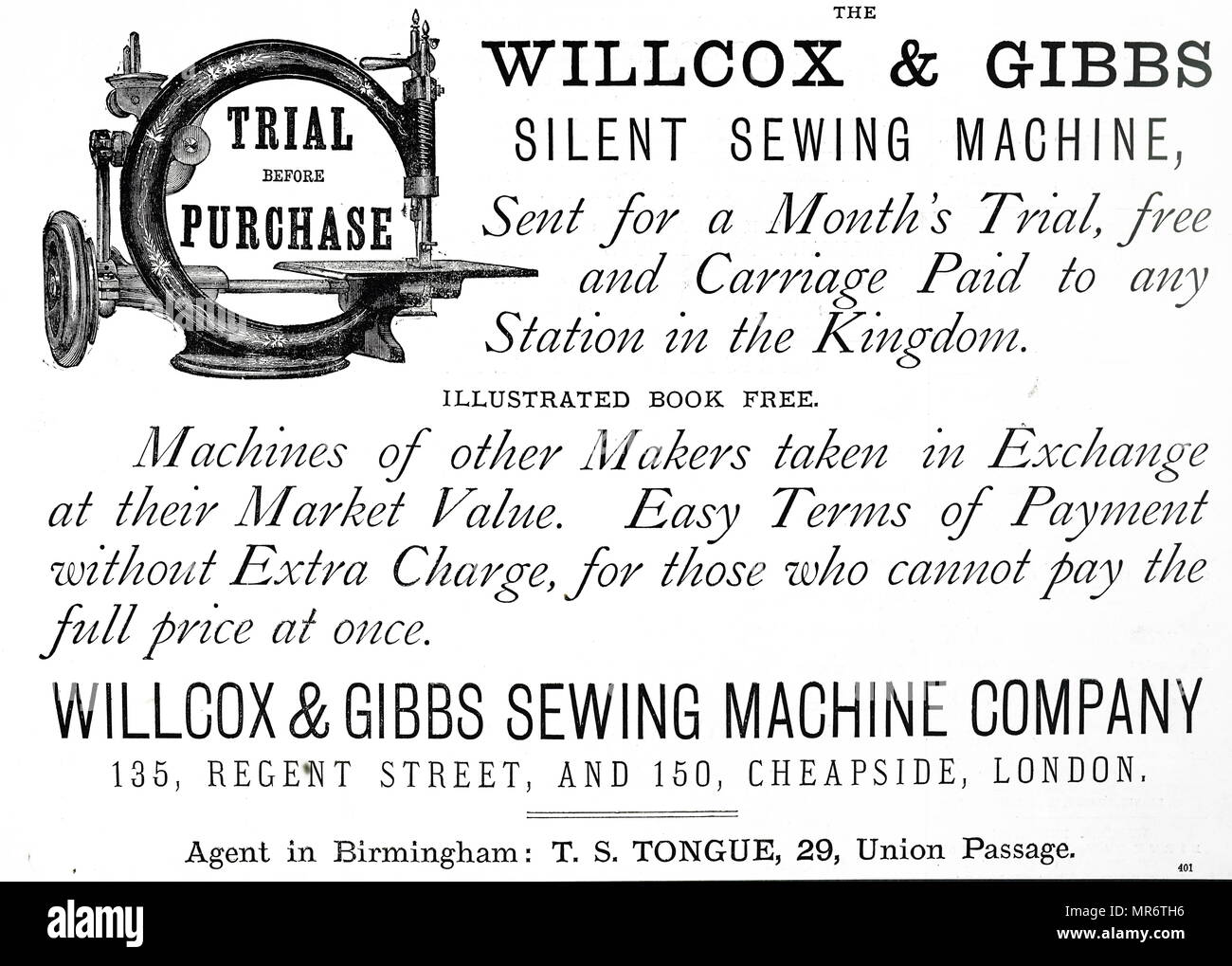 Advertisement for a Wilcox & Gibbs sewing machine. Dated 19th century Stock Photo