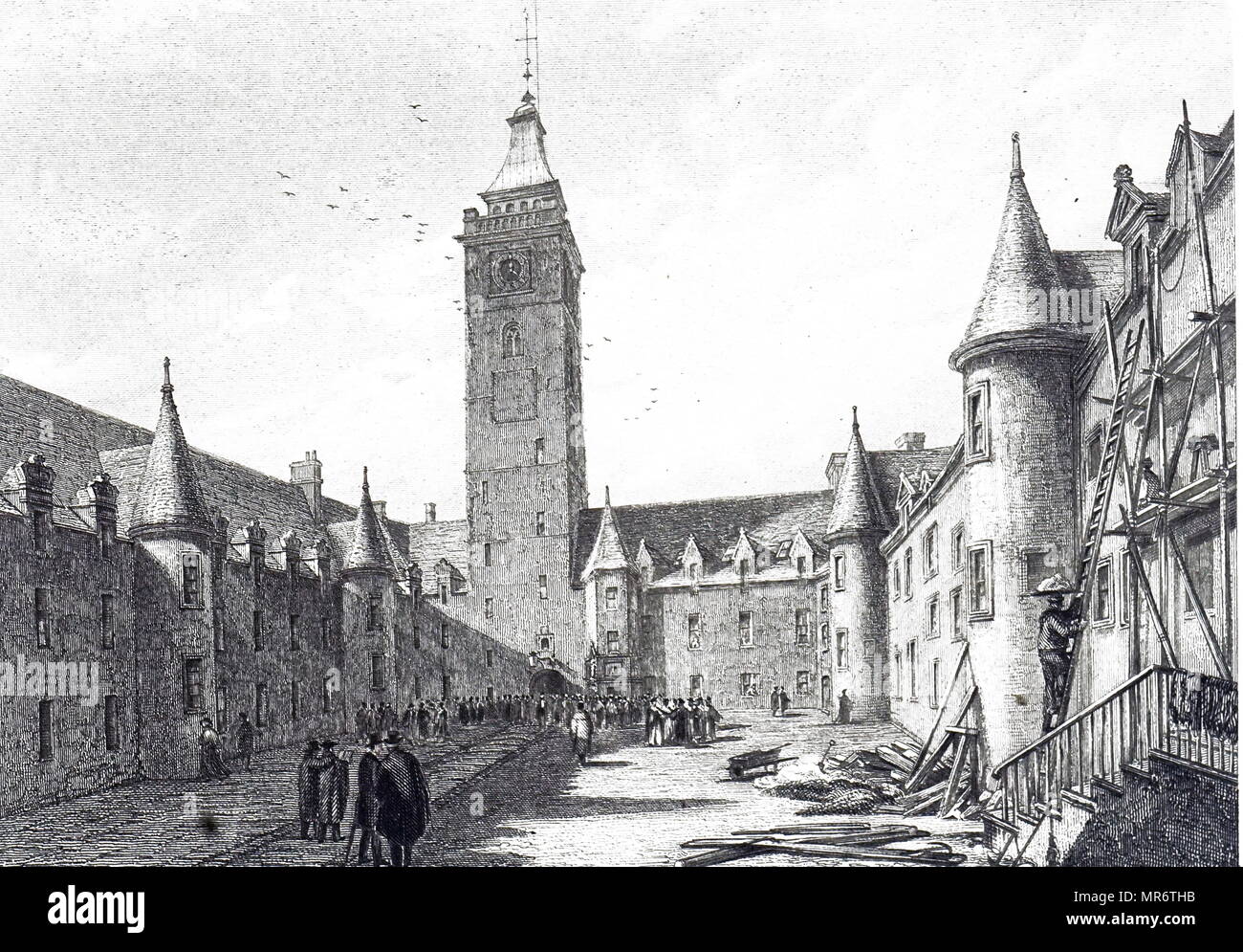 Engraving depicting the inner court of the University of Glasgow. Dated 19th century Stock Photo