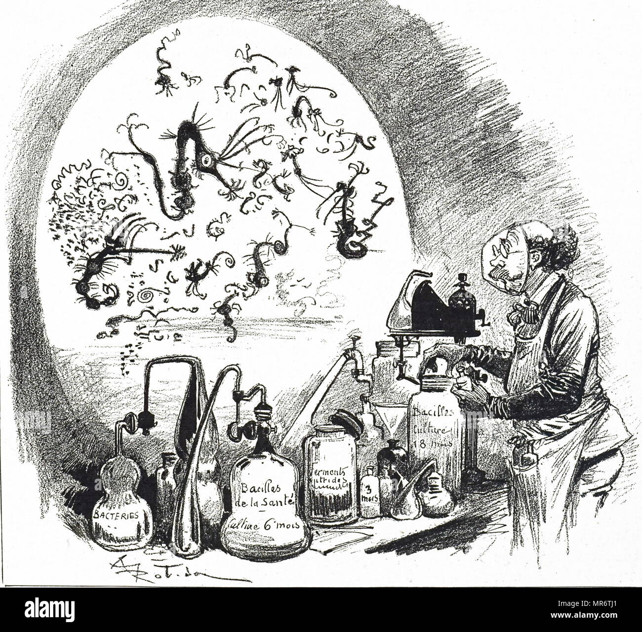 Cartoon depicting a biological engineer in his laboratory . Dated 19th century Stock Photo