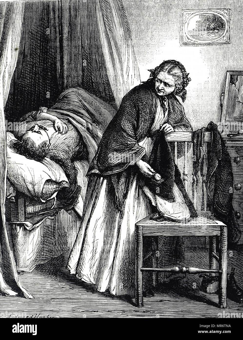 Engraving depicting a landlady stealing rent money from her sick lodger. Illustrated by Edward Hughes (1832-1908) a British artist. Dated 19th century Stock Photo