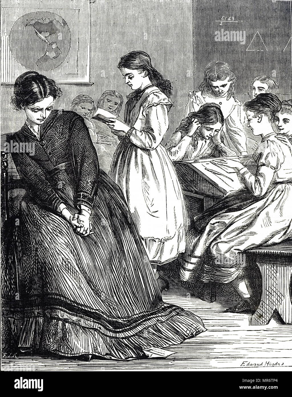 Engraving depicting an unwilling school mistress, forced into her situation because it was one of the few ways a young lady could earn a living. Illustrated Edward Hughes (1832-1908) a British artist. Dated 19th century Stock Photo