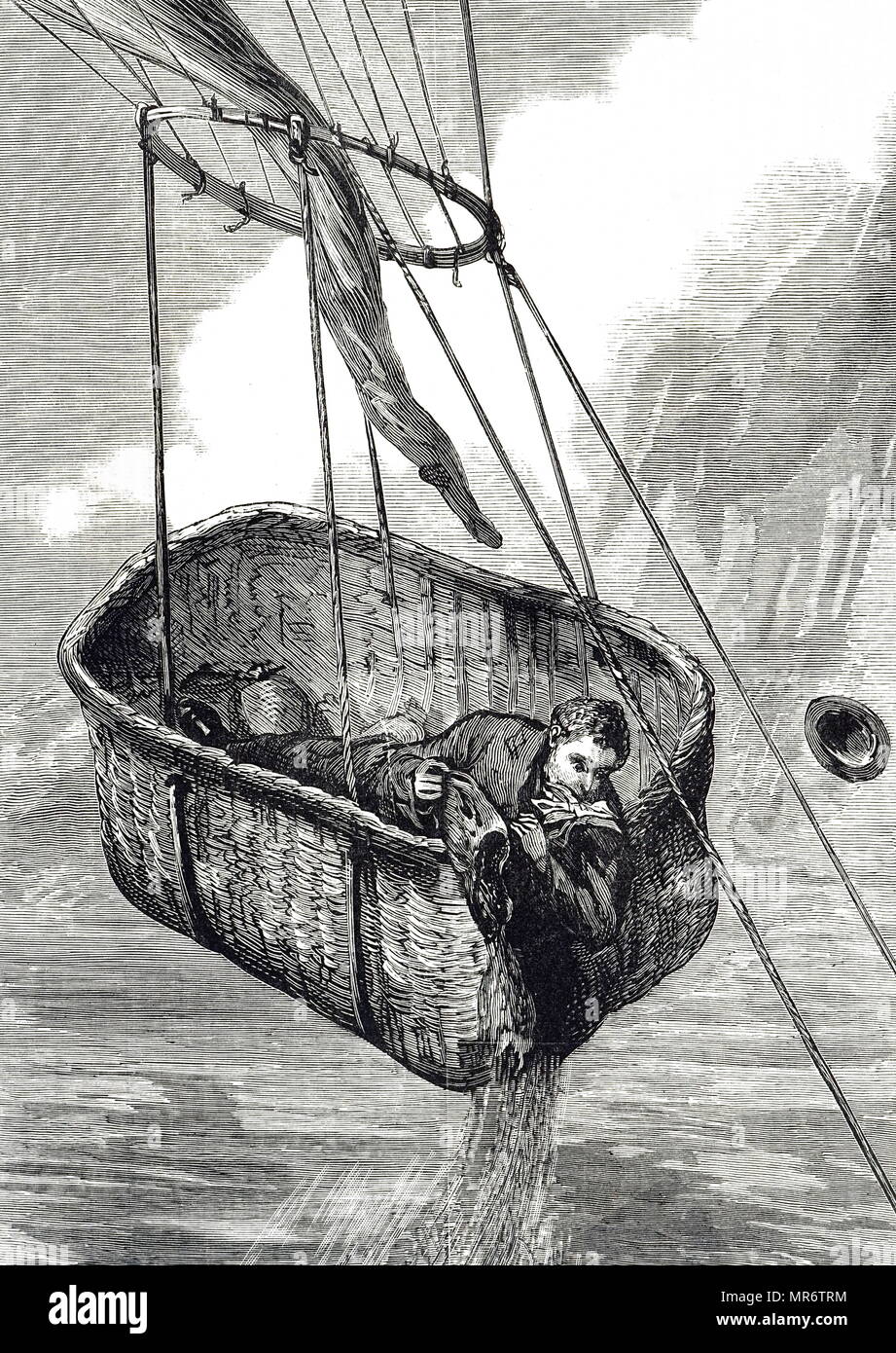 Engraving depicting a man having difficulties during a balloon flight. Dated 19th century Stock Photo
