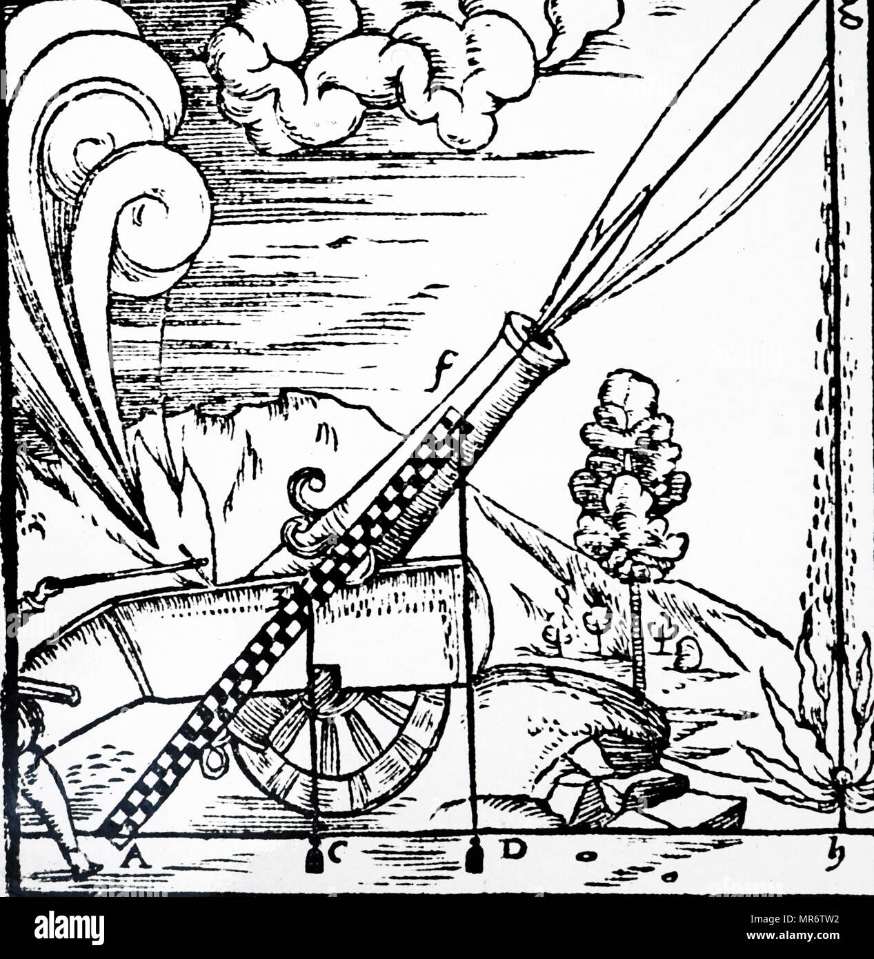 Woodblock engraving depicting a gunner firing a cannon whose elevation had been calculated using a chequered ruler fitted with two plumb-bobs. The path of a projectile is shown according to Aristotelian physics. Since he believed that no body could undertake more than one motion at a time, the path had to consist of two separate motions in a straight line. Dated 16th century Stock Photo