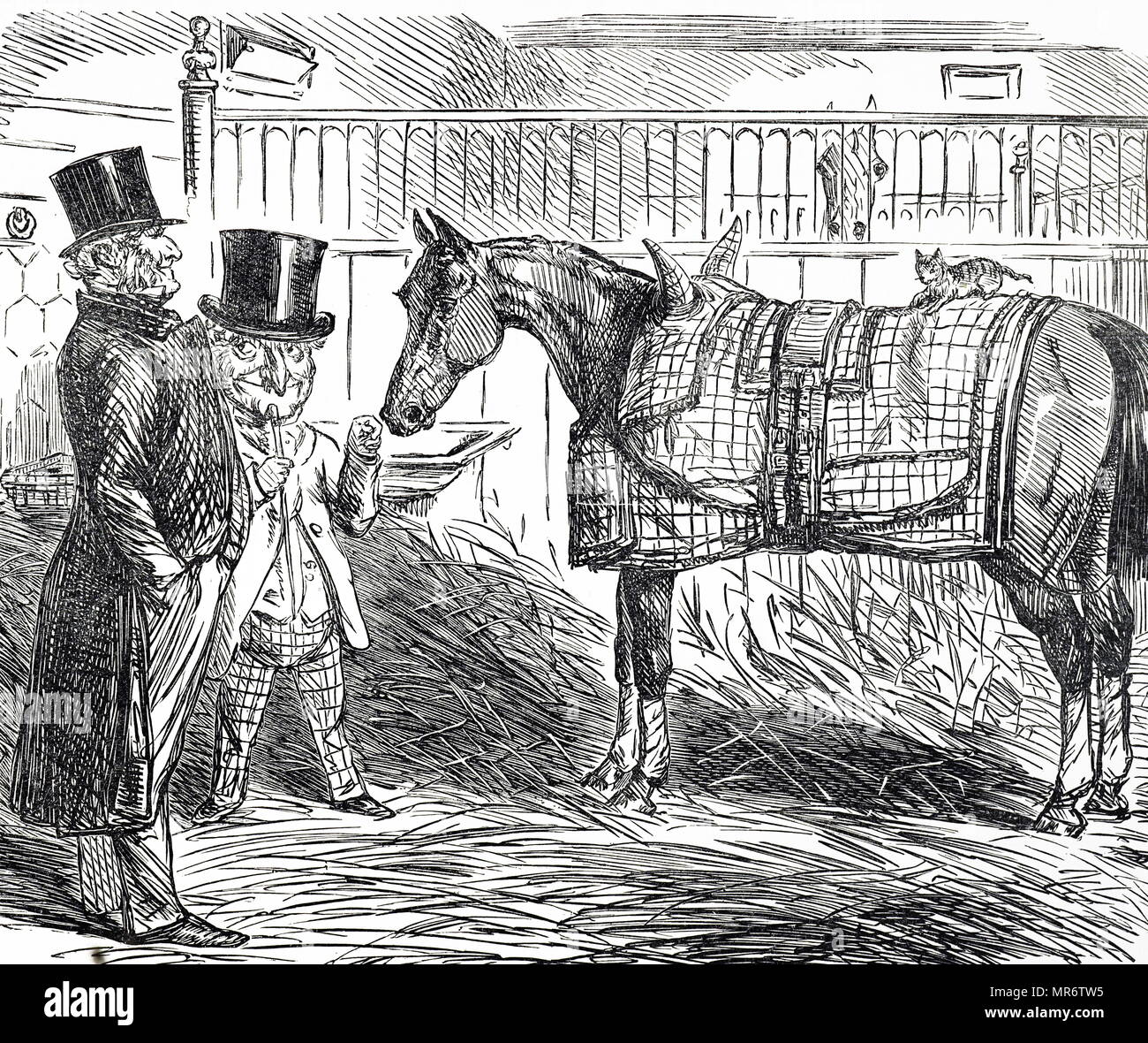 Cartoon titled 'The Cottage and The Stable'. The cartoon was commenting on the living conditions of agricultural workers compared with provisions made for horses. Illustrated by John Leech (1817-1864) an English caricaturist and illustrator. Dated 19th century Stock Photo