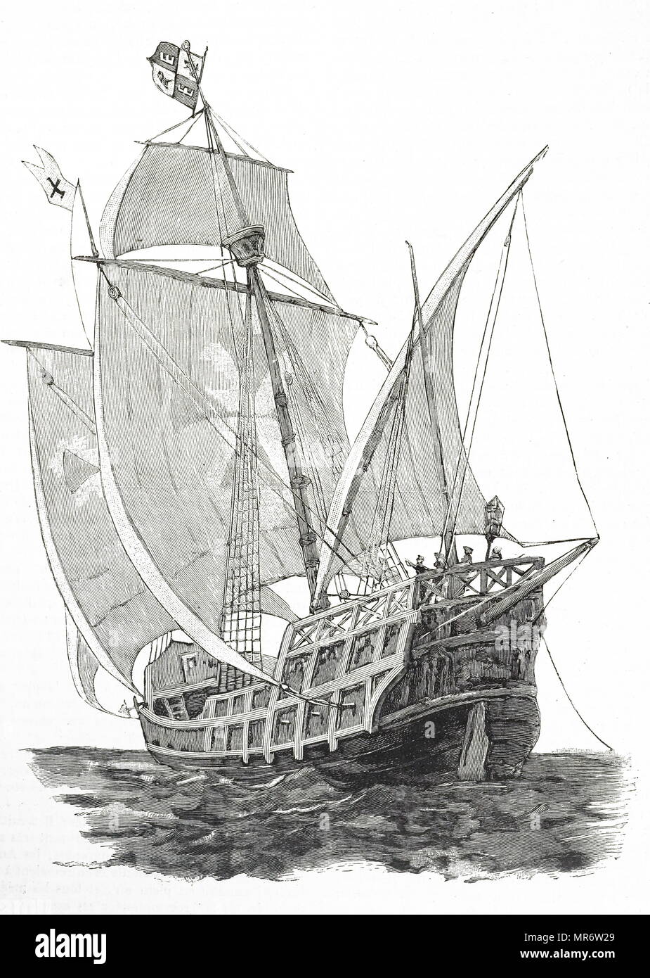 Engraving depicting La Santa Maria, the boat used by Christopher Columbus. Dated 19th century Stock Photo